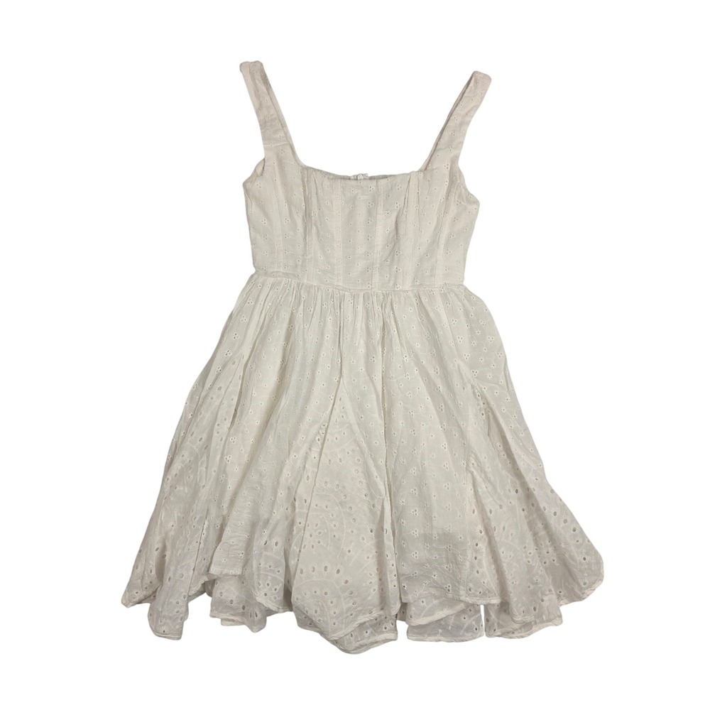 White Eyelet Mini Dress XS Cotton Babydoll Corset Fit Flare Sleeveless Scoopneck
